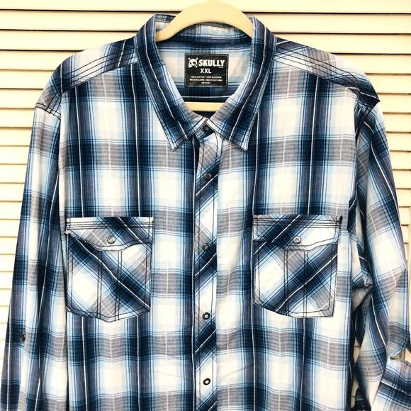 Skully Western Snap Shirt Men's 2XL 50 Chest Blue Plaid Roll Tab Sleeves - Picture 2 of 6